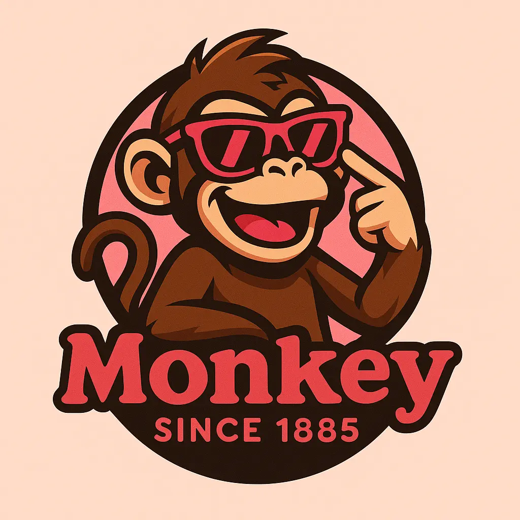 Gaming logo template with playful monkey wearing pink sunglasses.