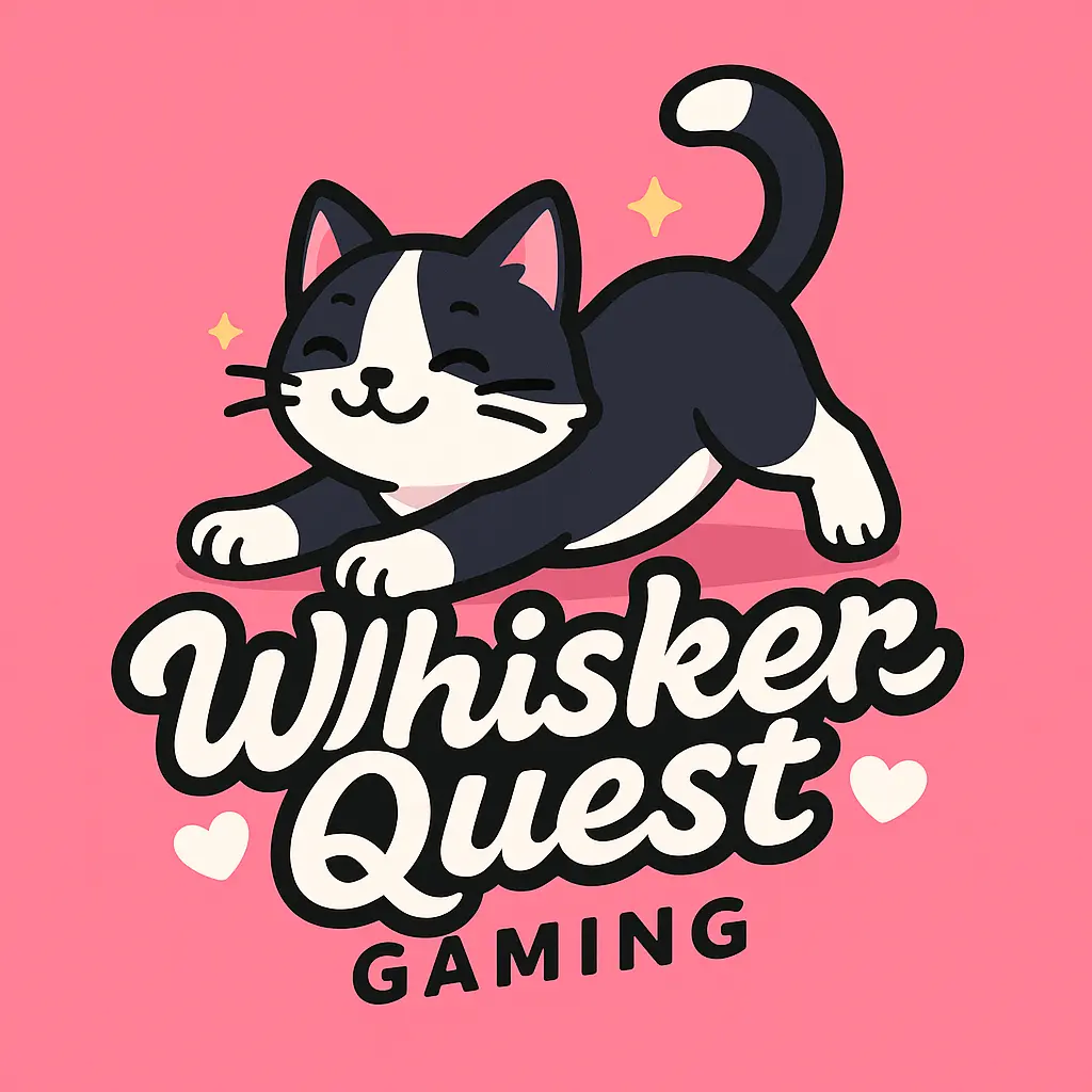 Cute cat gaming logo template in pink cartoon style