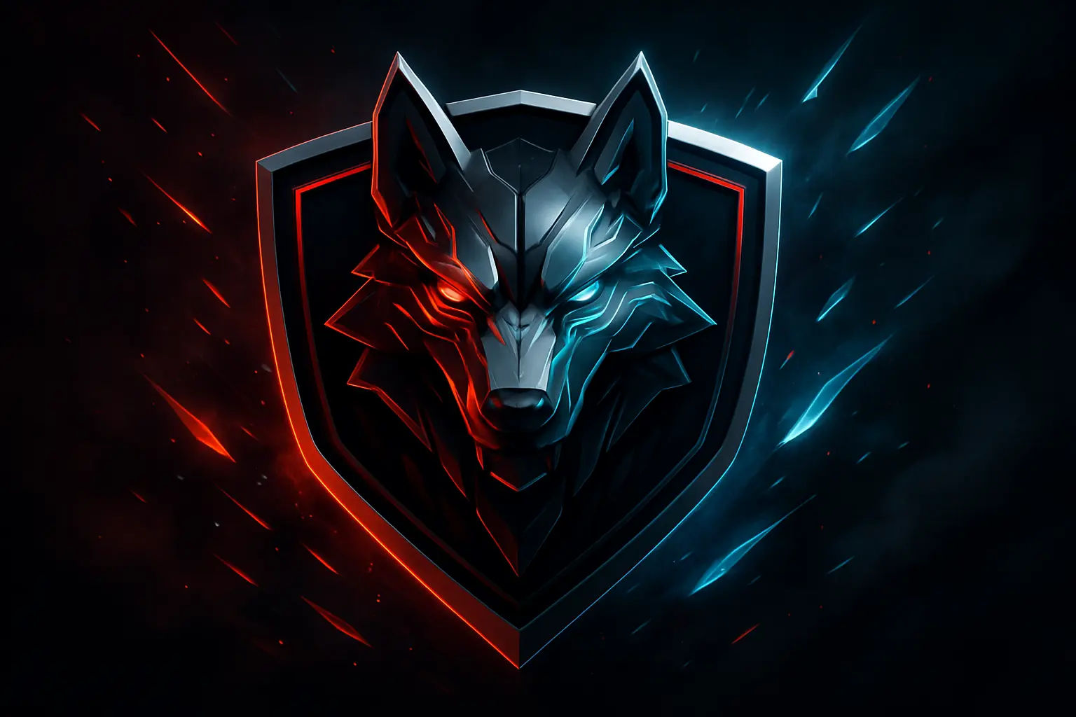 Cyberpunk wolf gaming logo template with glowing red eyes