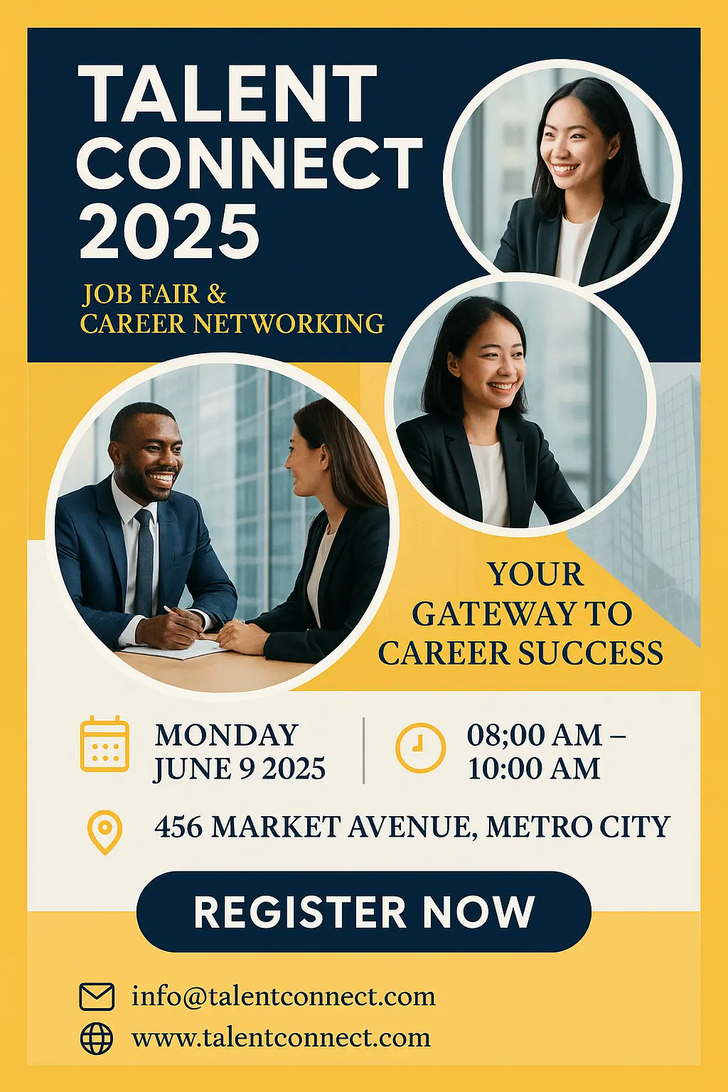 Professional job fair flyer template with modern layout and bold colors