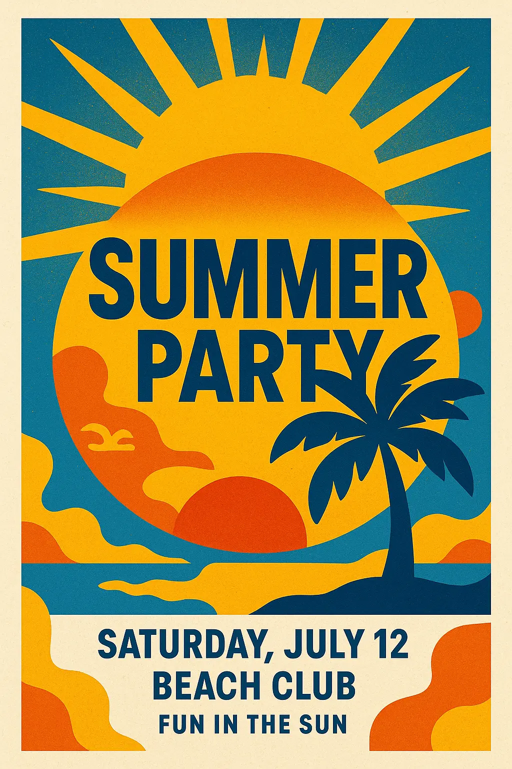 Vibrant summer event flyer template with sunburst and geometric shapes