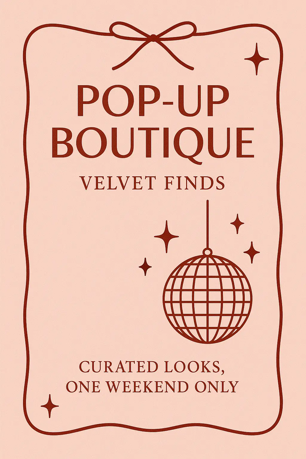 Minimalist pink flyer template with red ribbon and disco ball