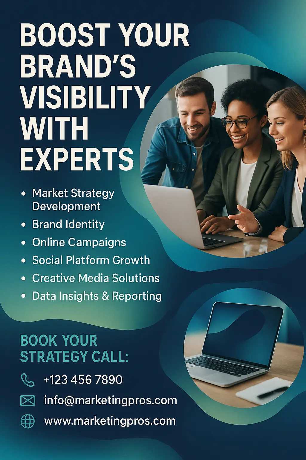 Modern marketing flyer template with bold text and tech imagery