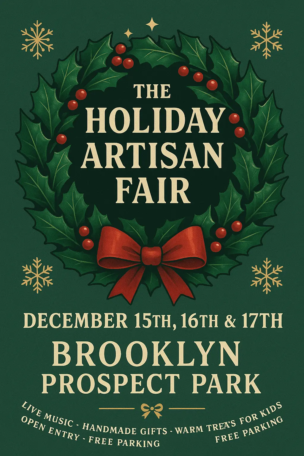 Vintage holiday flyer template with wreath and red ribbon