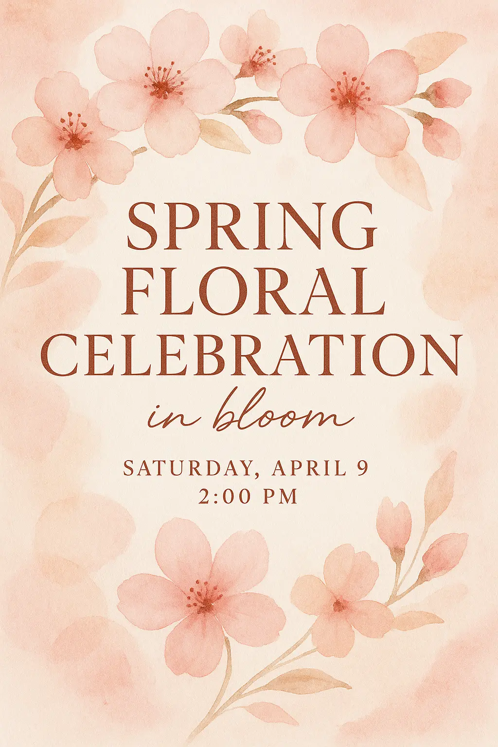 Watercolor cherry blossom flyer template with soft pink flowers