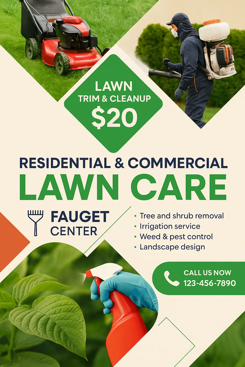 Lawn care flyer template with bold green accents and service images