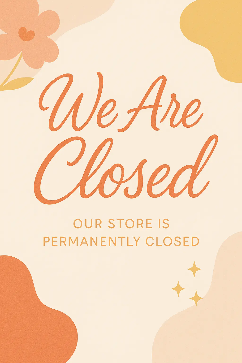 Store closure flyer template with abstract shapes and cursive text.