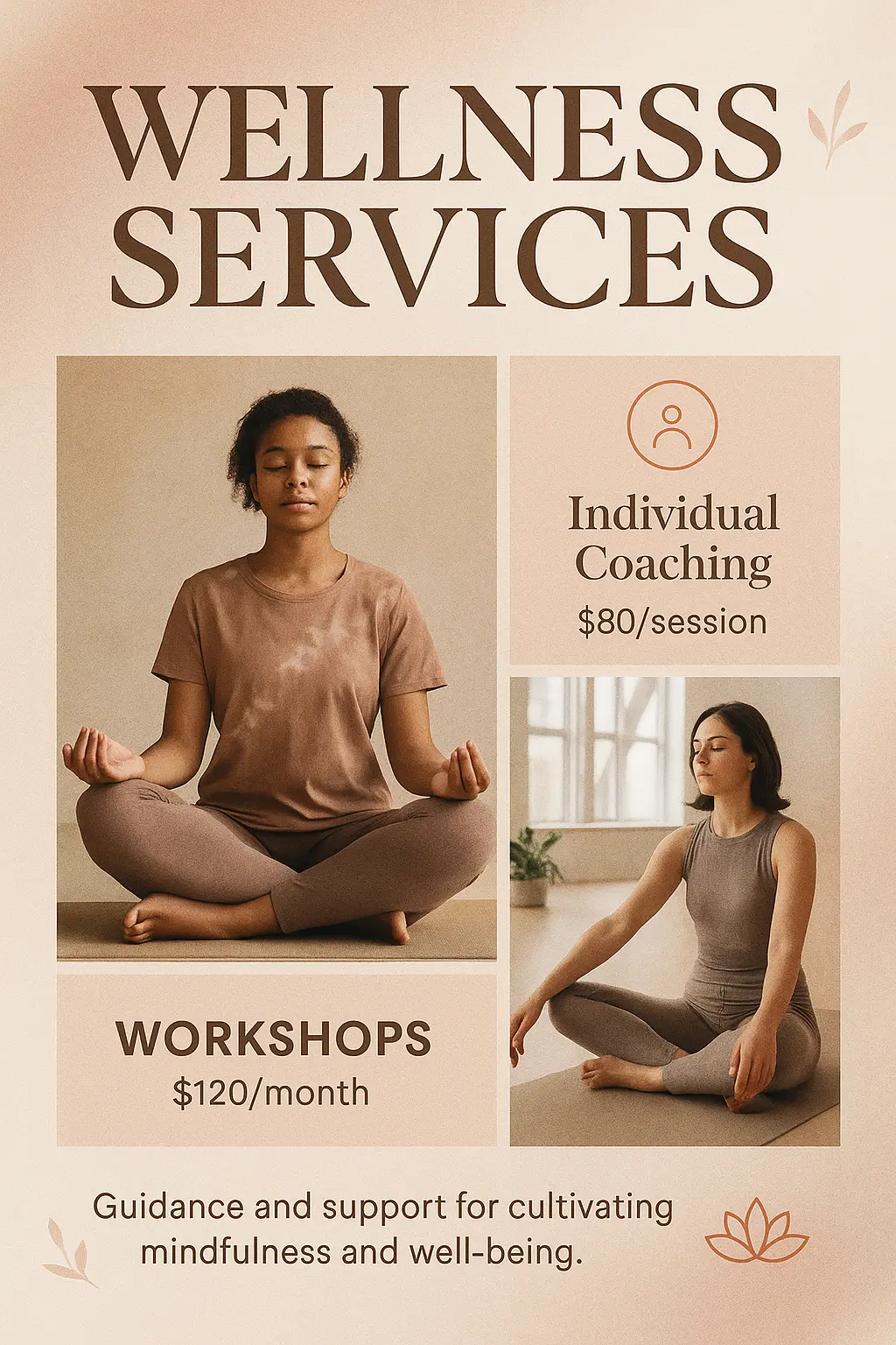 Wellness services flyer template with pricing and images of yoga and meditation.