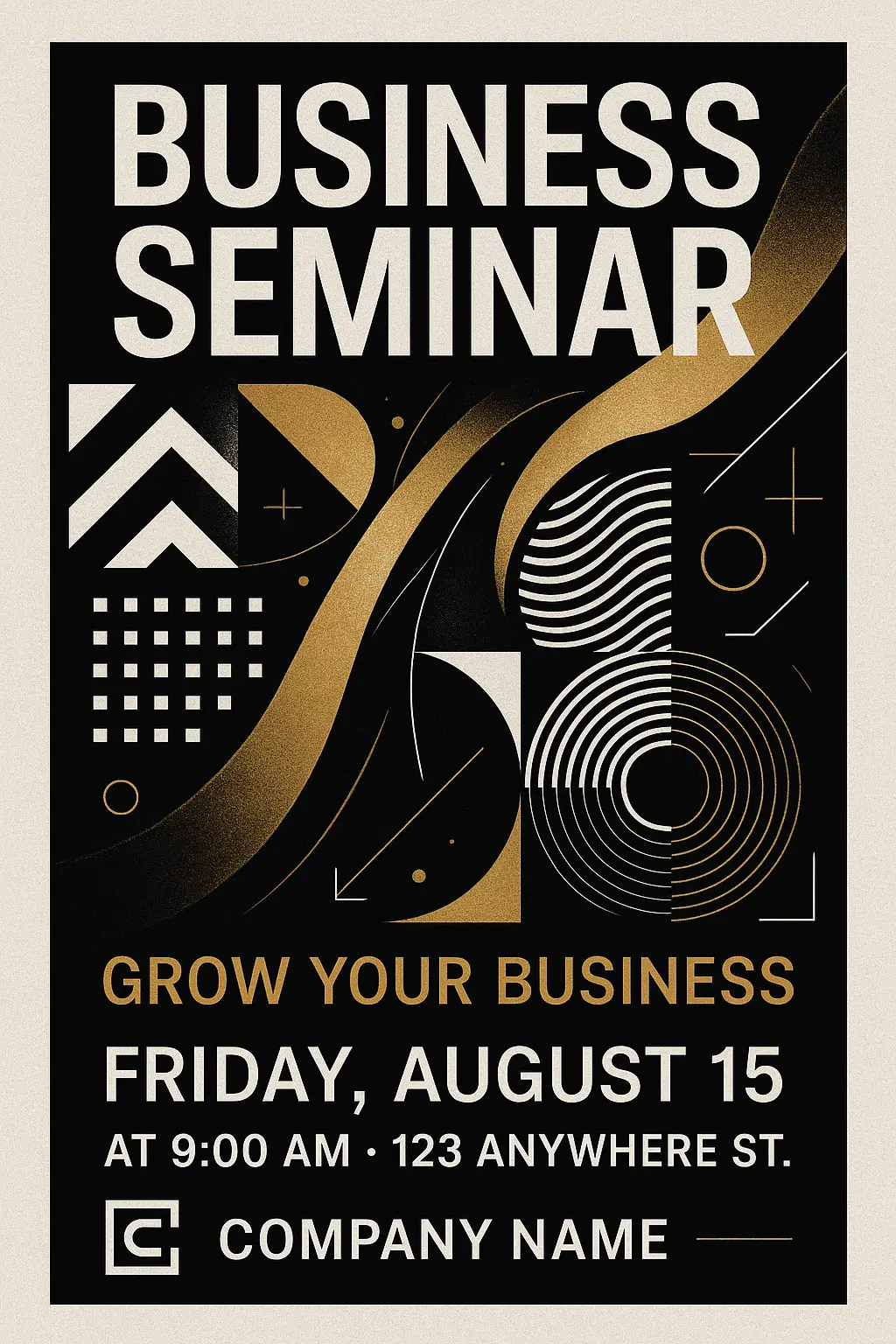 Modern business seminar flyer template with geometric patterns and minimalist design