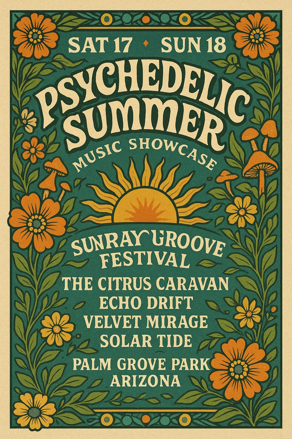 Vintage-style flyer template with psychedelic music theme