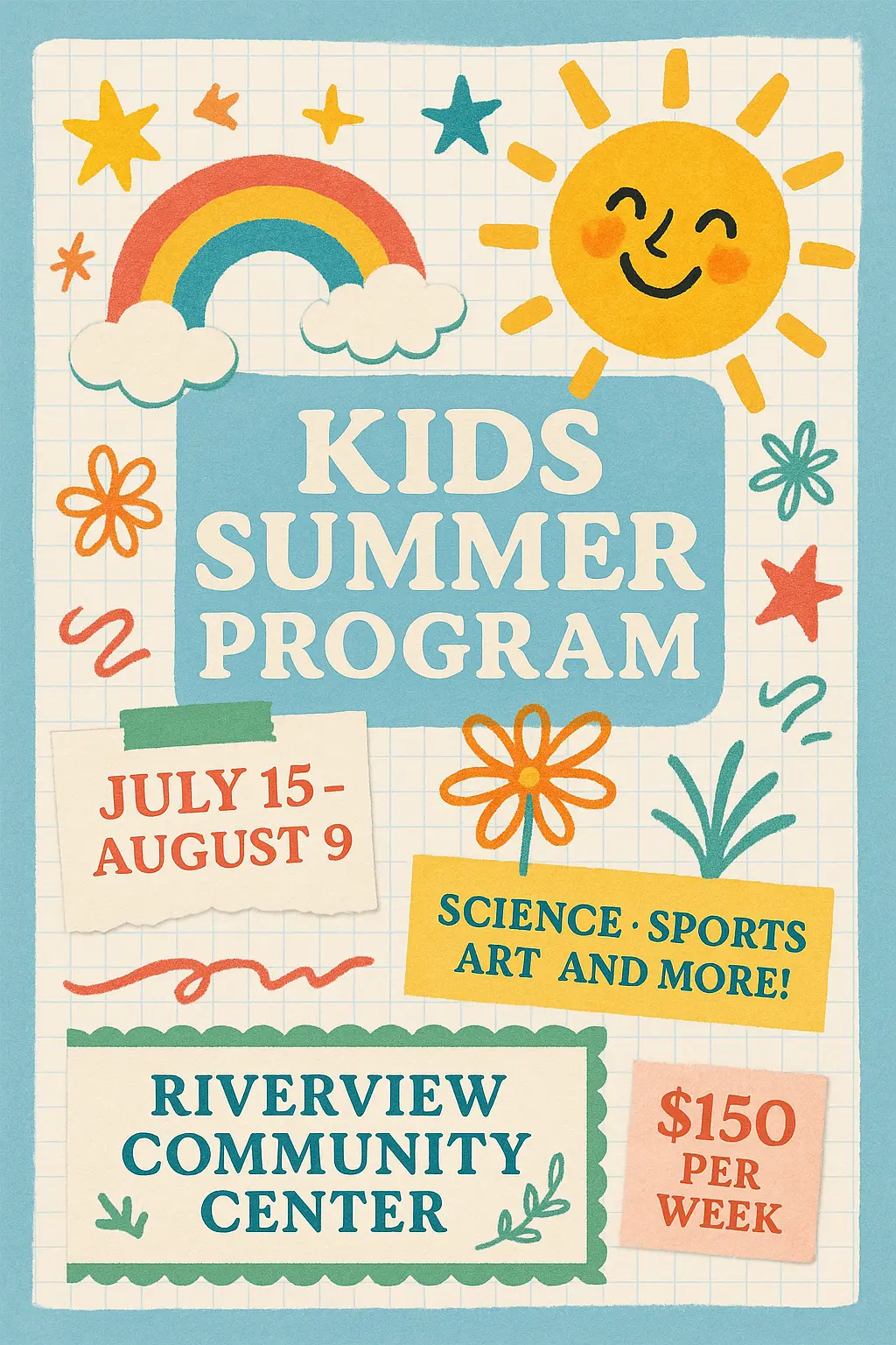 Colorful kids summer camp flyer template with playful illustrations