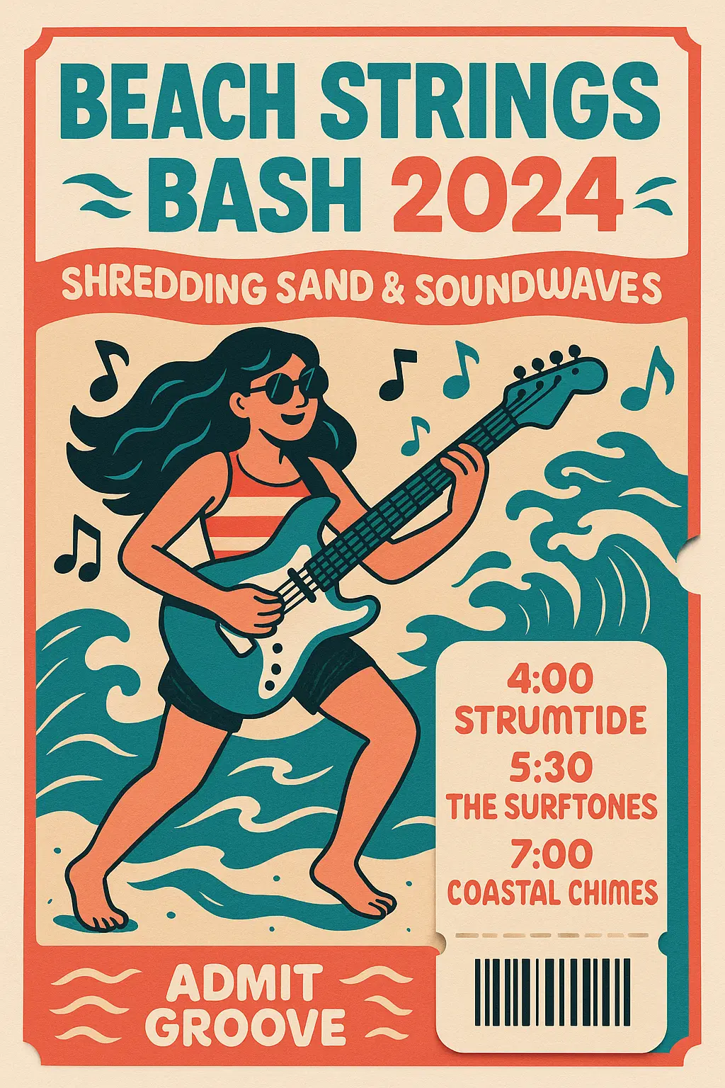 Retro beach music flyer template with cartoon guitarist