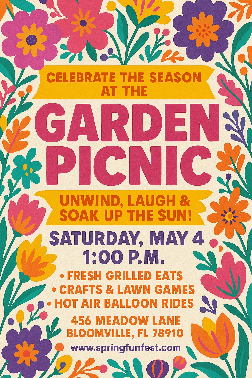 Colorful spring picnic flyer template with flowers and bold text