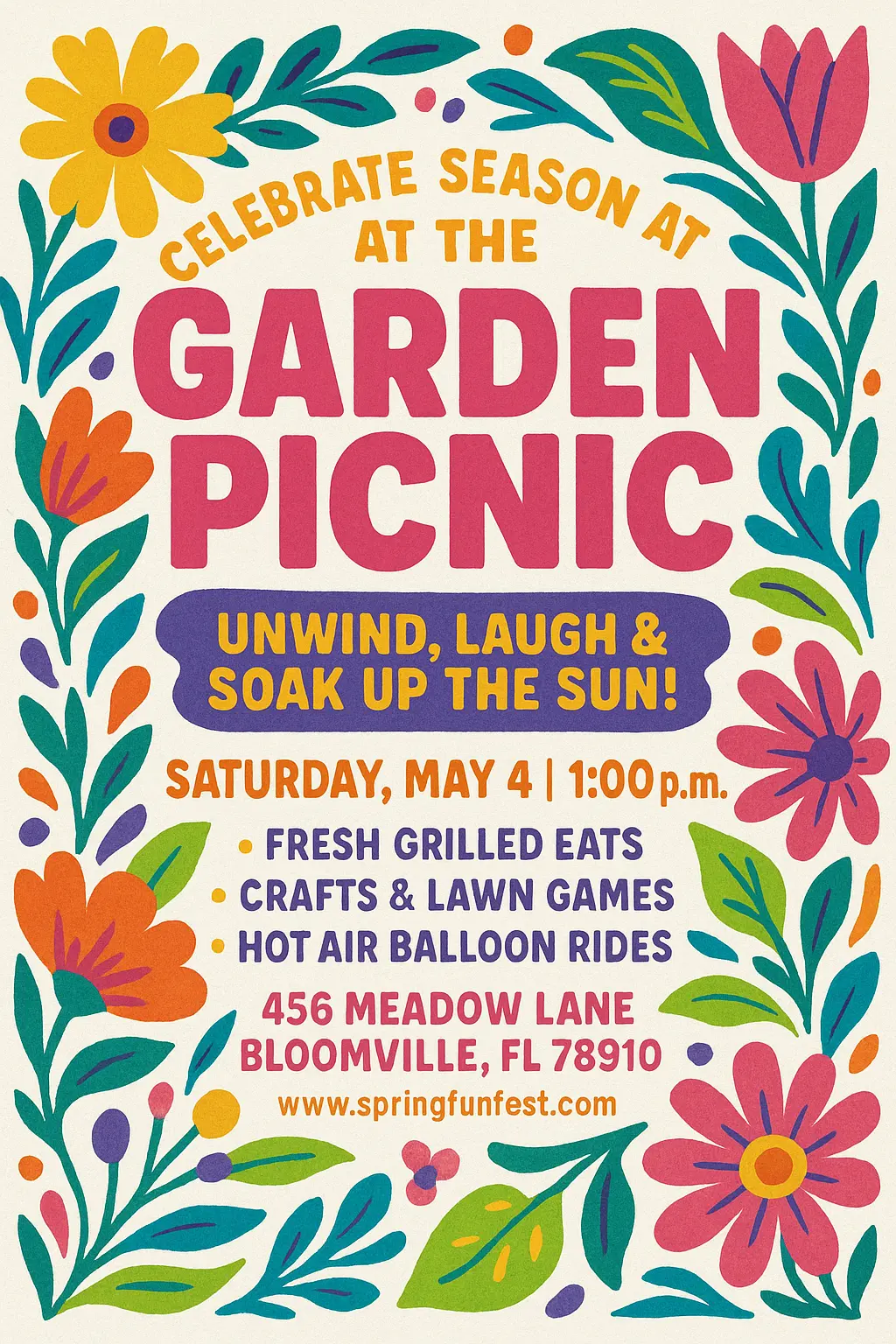 Colorful spring picnic flyer template with flowers and bold text