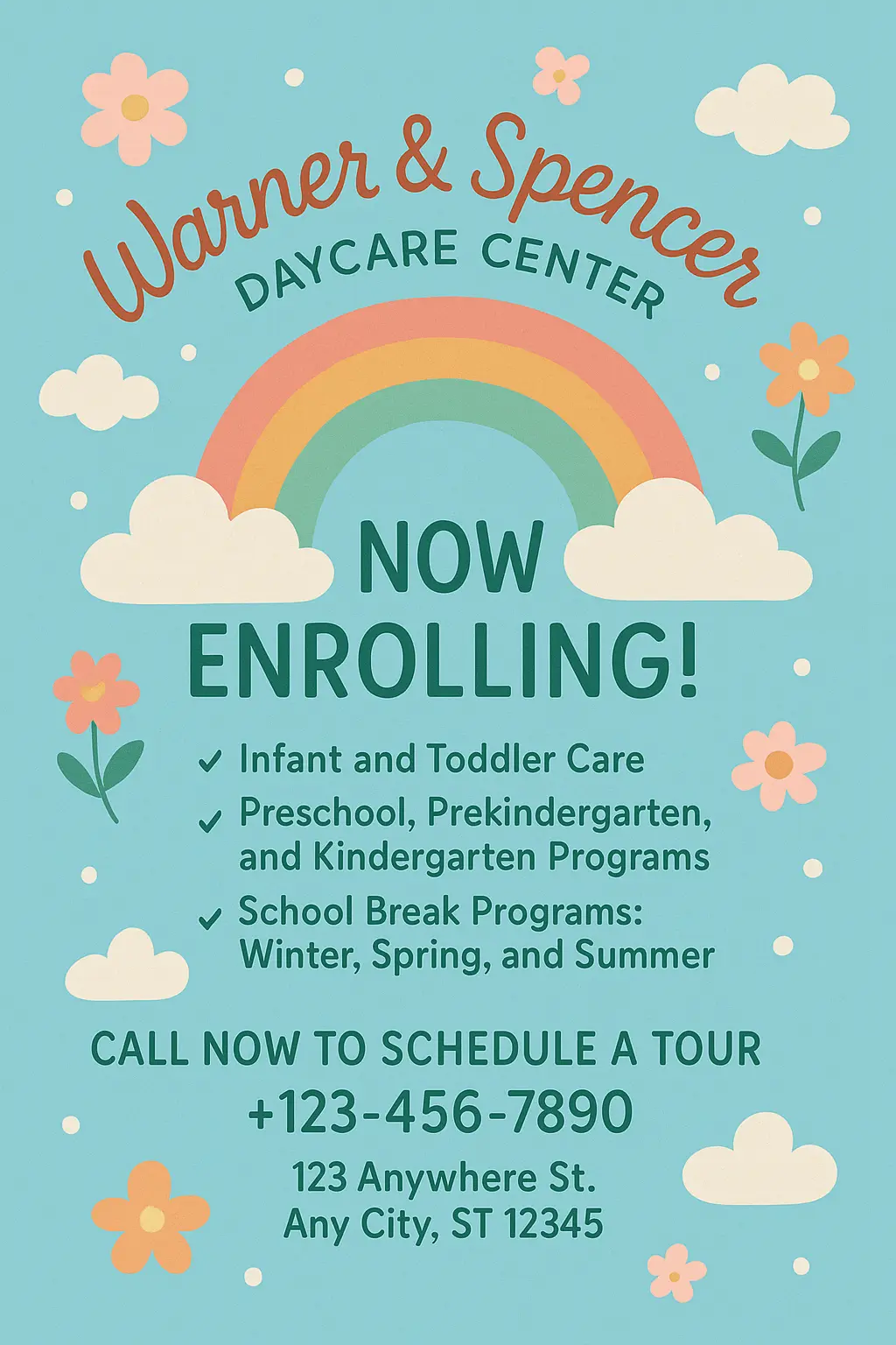 Daycare center flyer template with playful design, pastel colors
