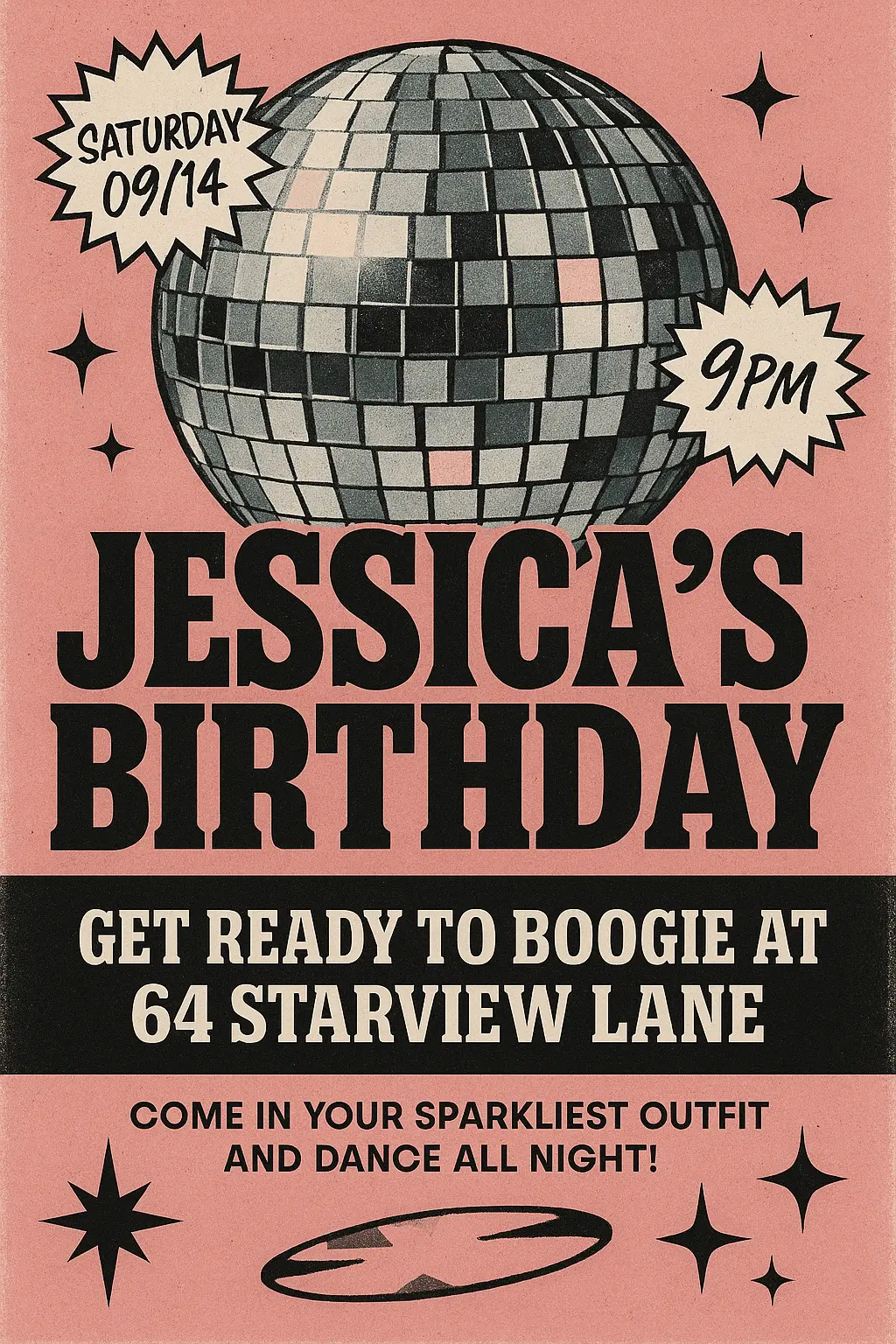 Retro disco party flyer template with pink and black design