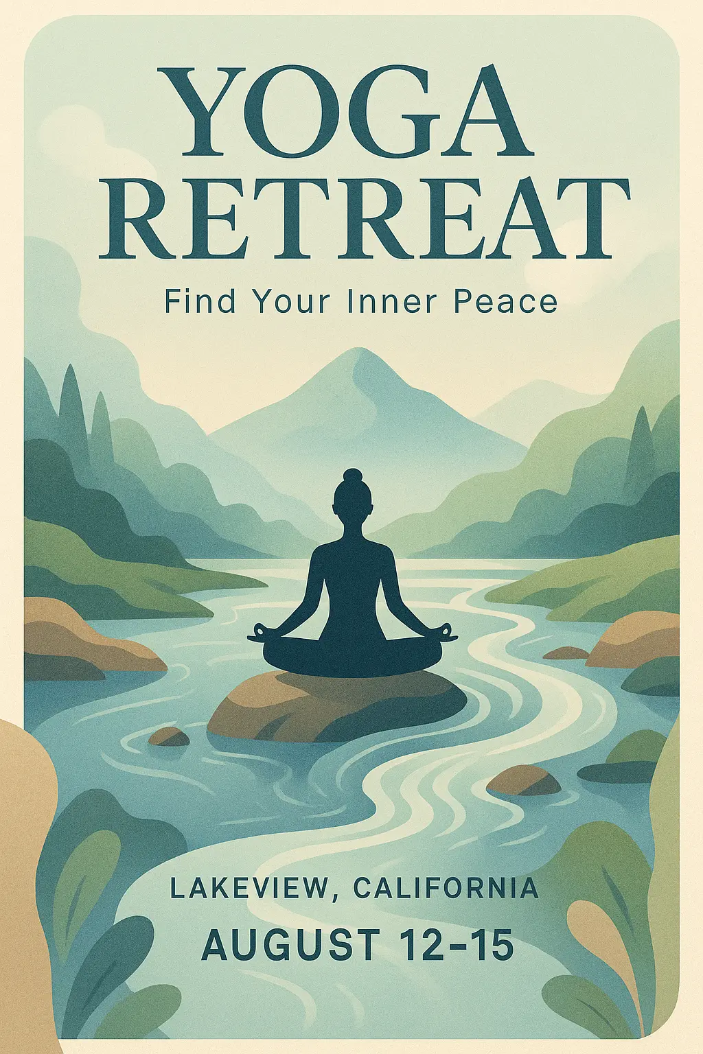 Yoga retreat flyer template with peaceful landscape and serene design