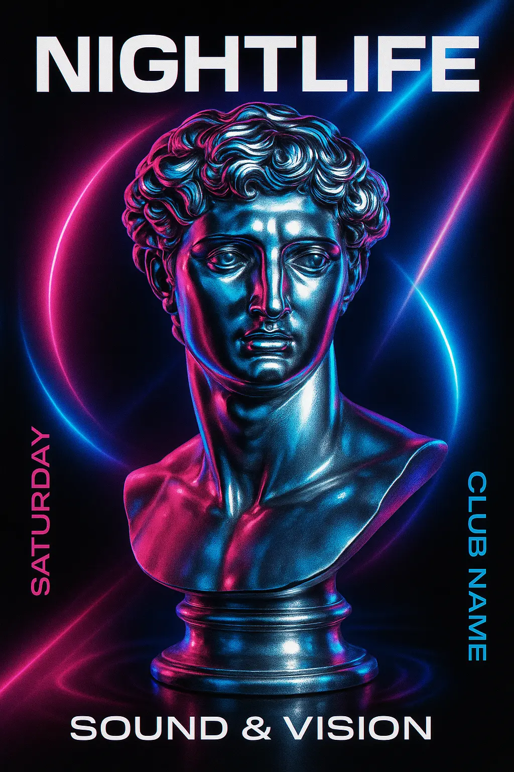 Futuristic chrome bust flyer template with neon glow
