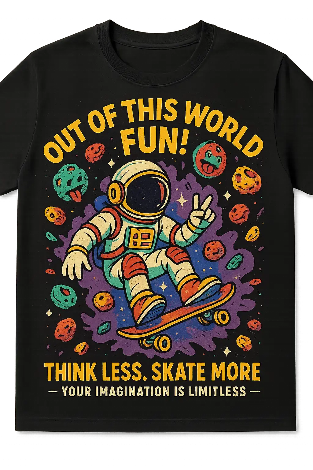 Playful astronaut skateboard t-shirt template in pop art style