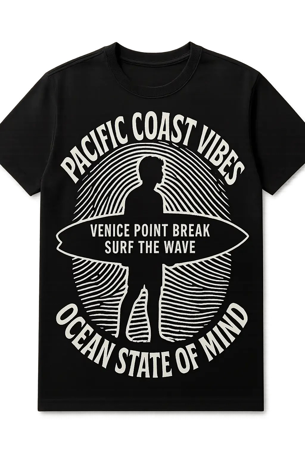 Surfer silhouette t-shirt template with fingerprint pattern