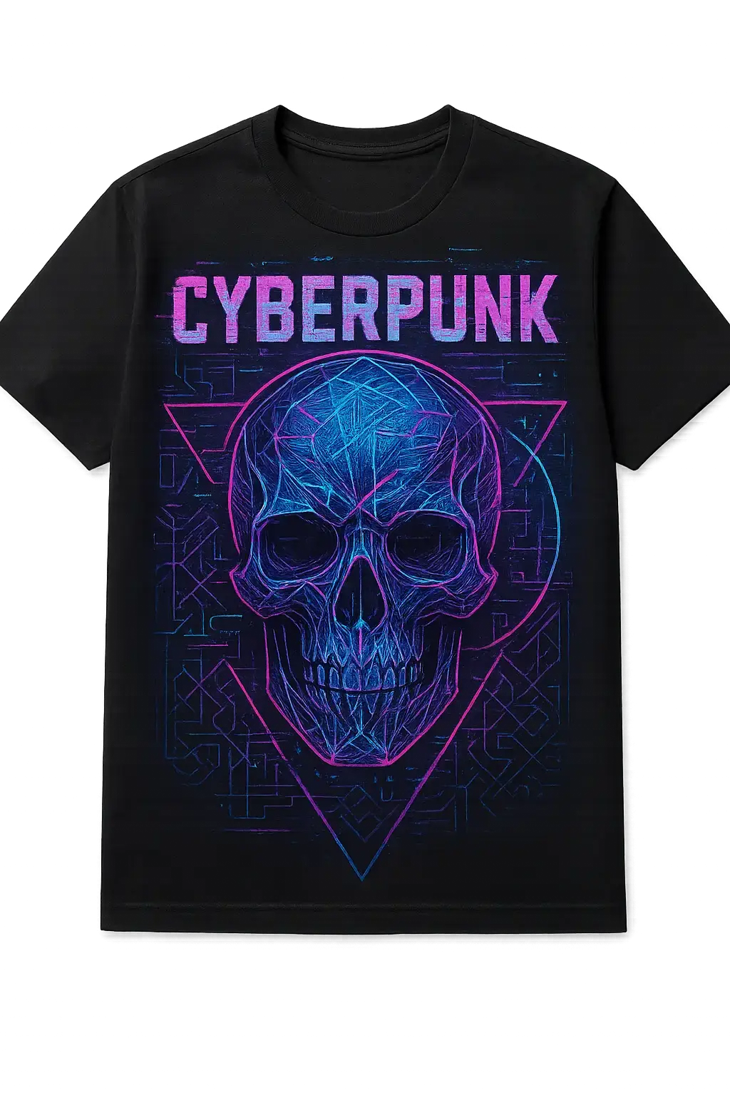 neon cyberpunk skull t-shirt template with glitchy text