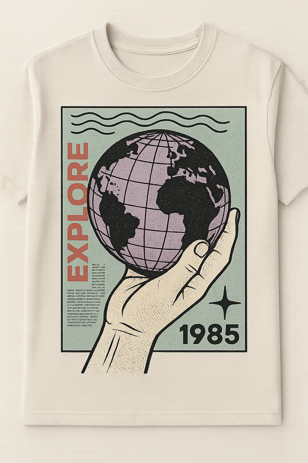 Retro comic t-shirt template with hand holding globe