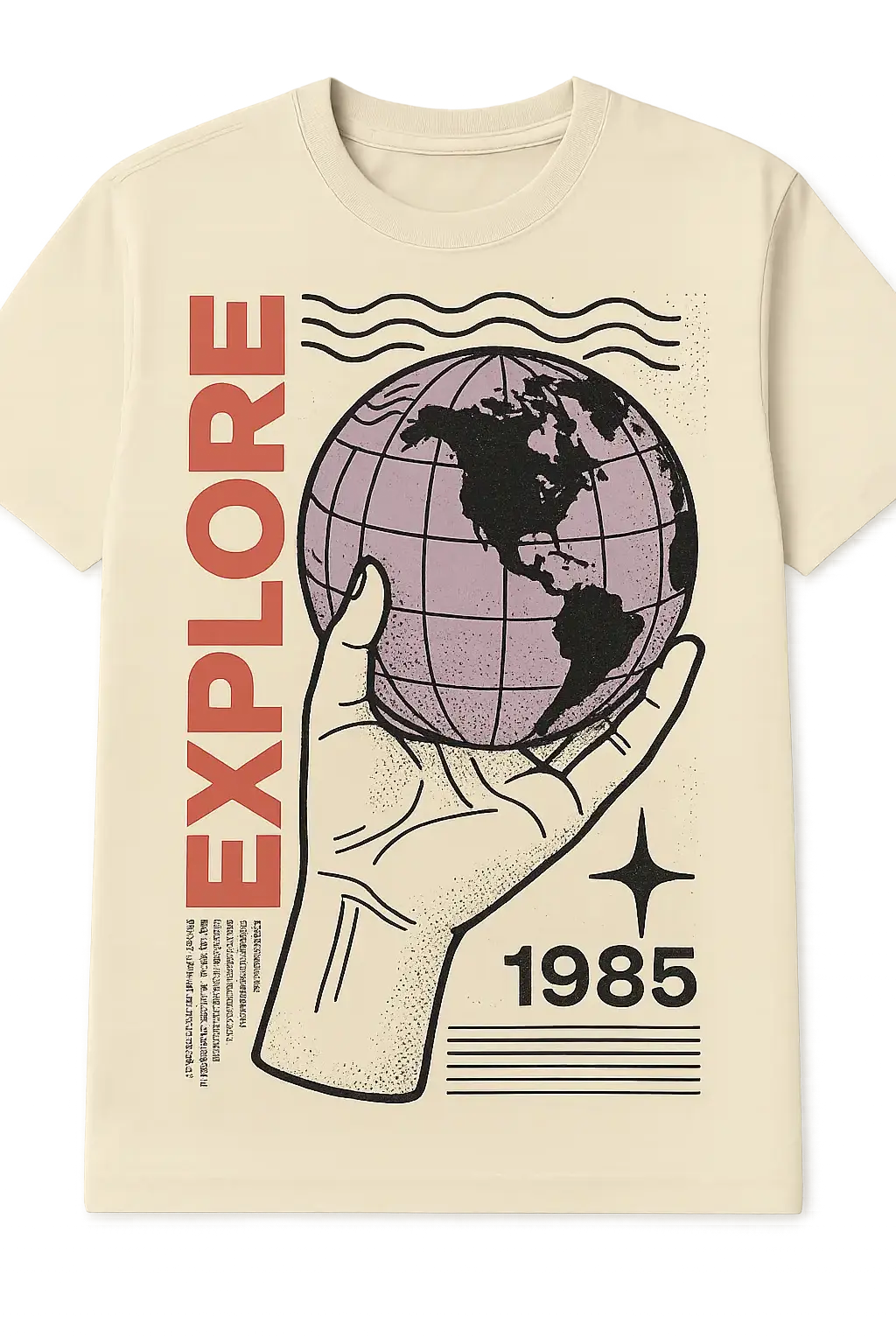 Retro comic t-shirt template with hand holding globe