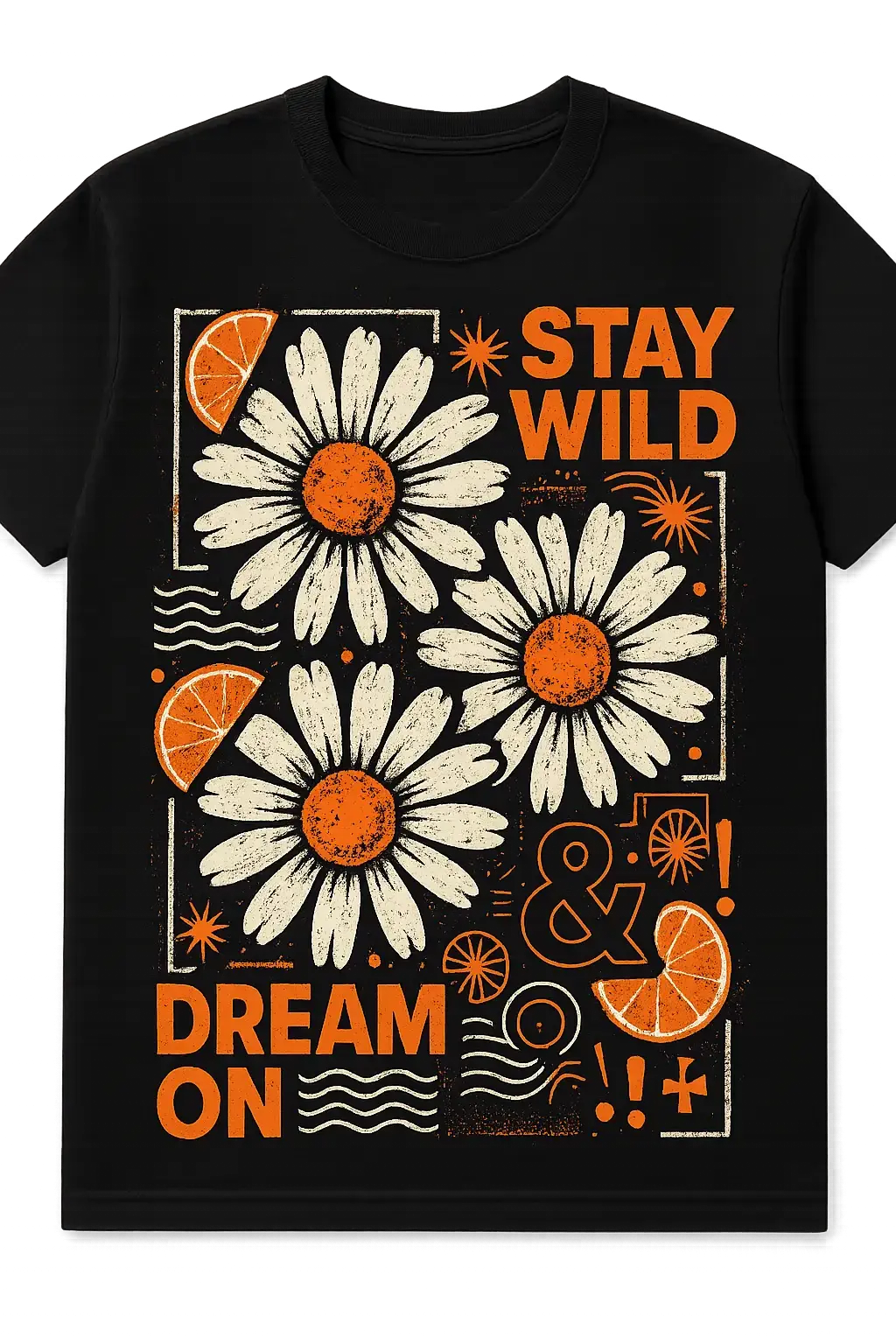 Bold pop art t-shirt template with daisies and abstract shapes
