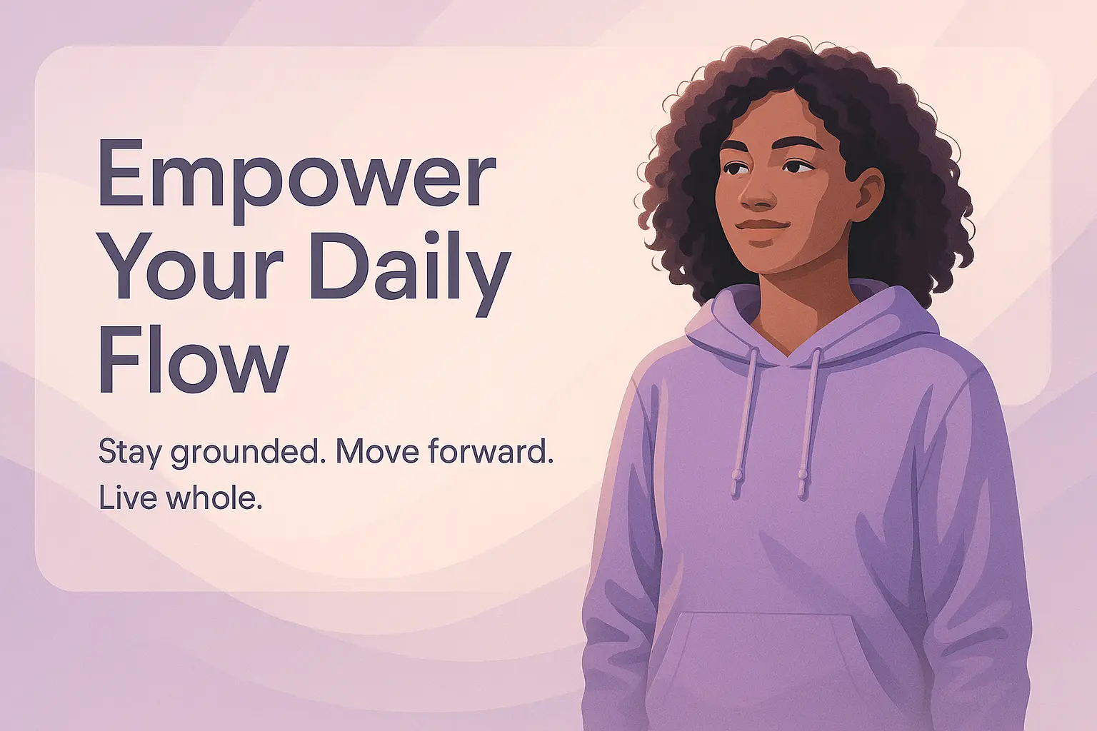Modern calming banner template with woman in lavender hoodie