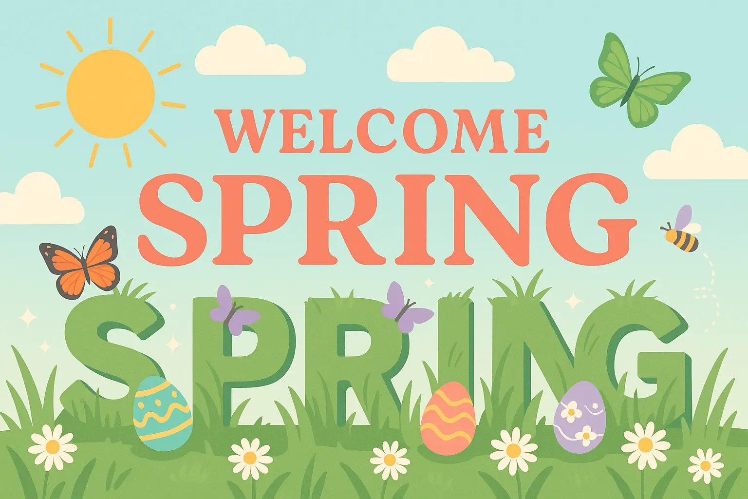 Spring-themed banner template with pastel grass, clouds, and Easter icons