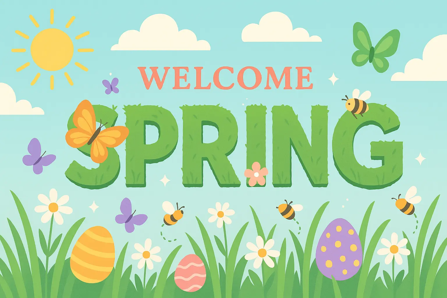 Spring-themed banner template with pastel grass, clouds, and Easter icons