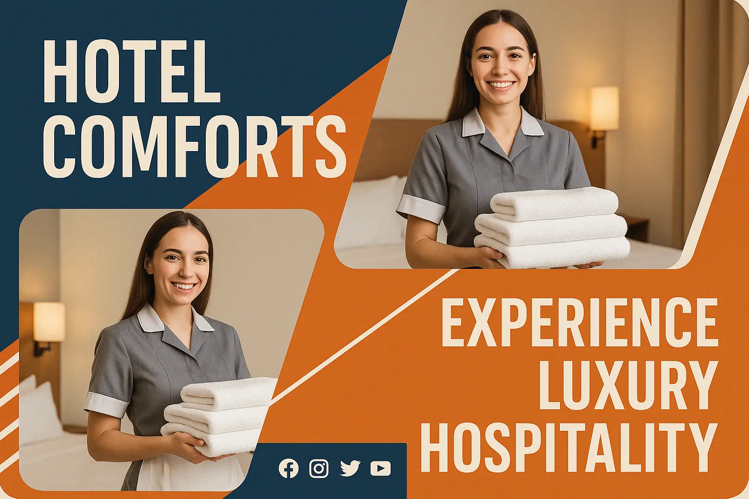Modern hotel banner template with staff and bold layout