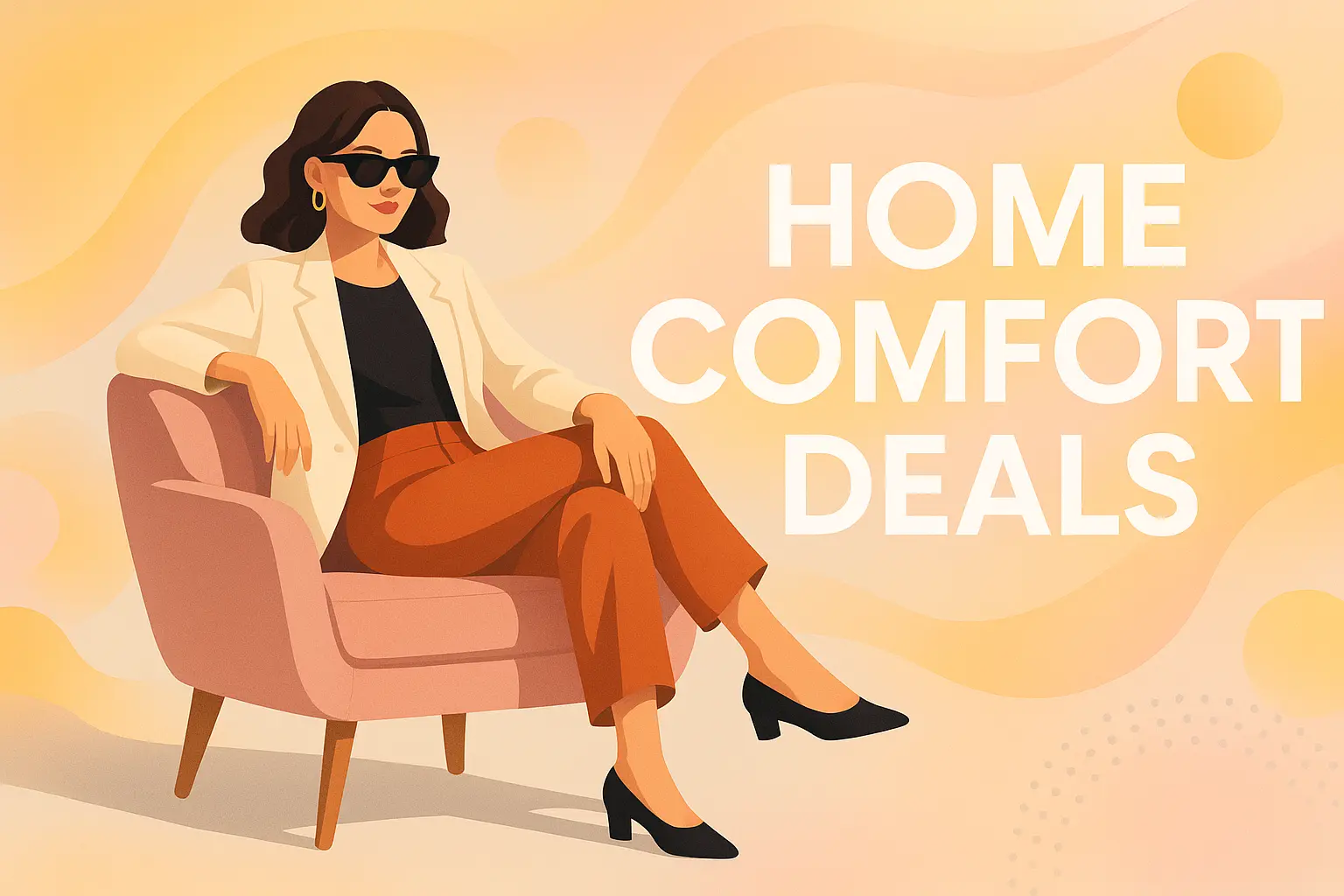 Home Comfort Deals banner template with a woman on a pink chair