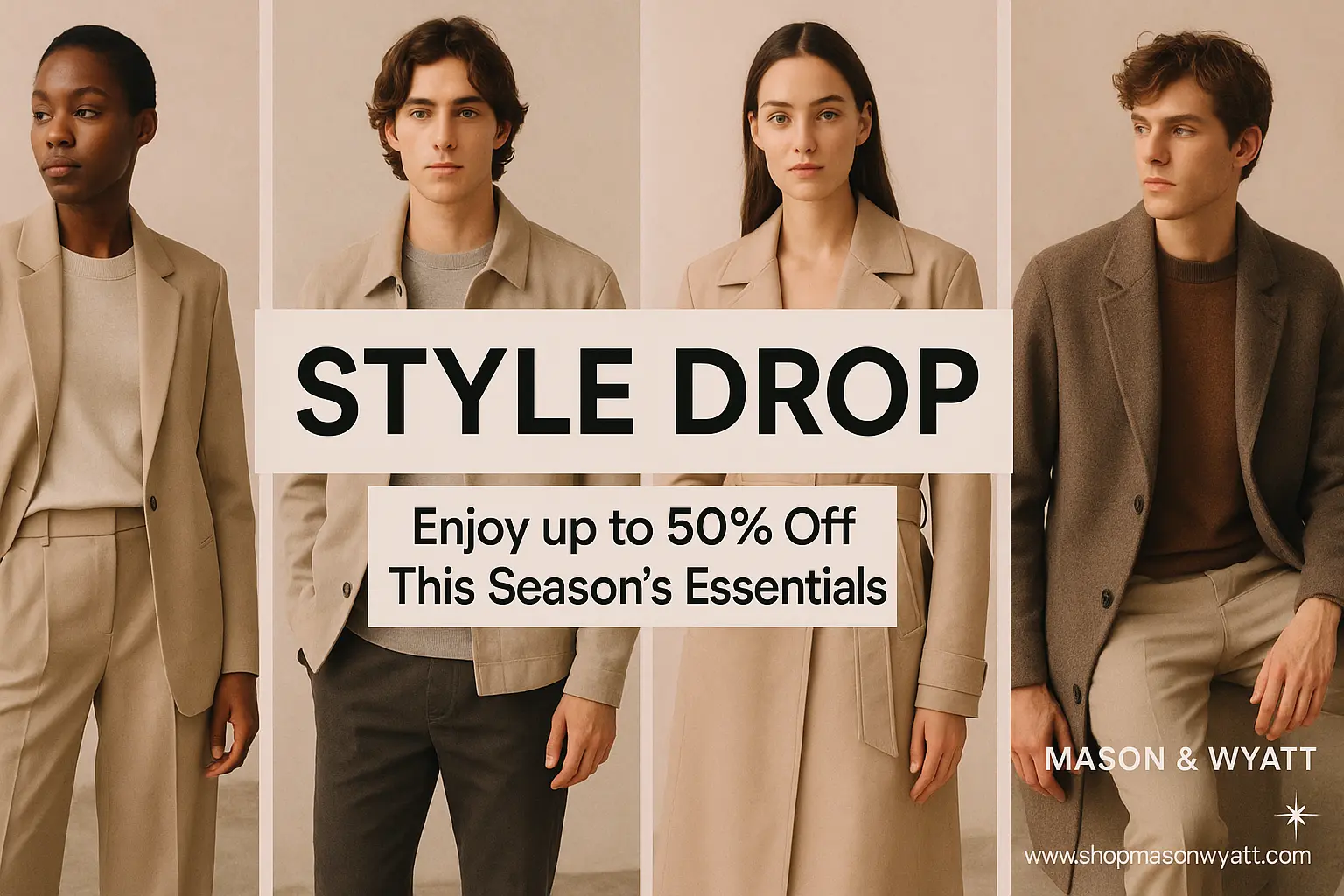Elegant fashion banner template with four models in neutral tones