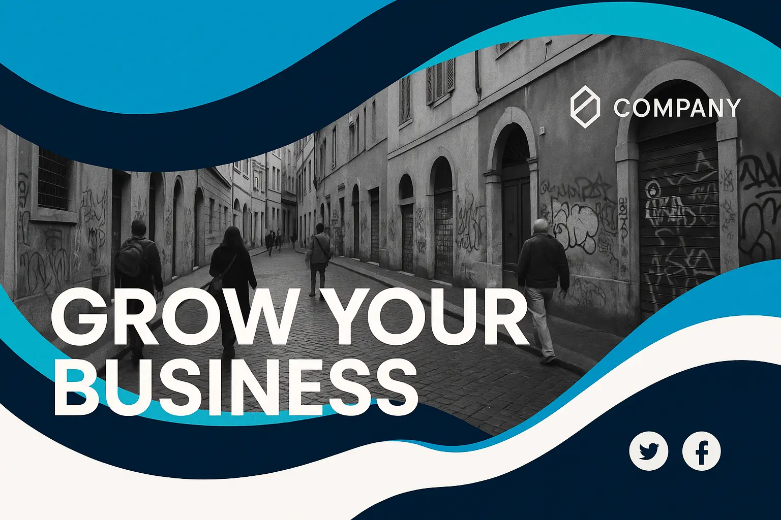 Modern business banner template with photo-collage and wave design