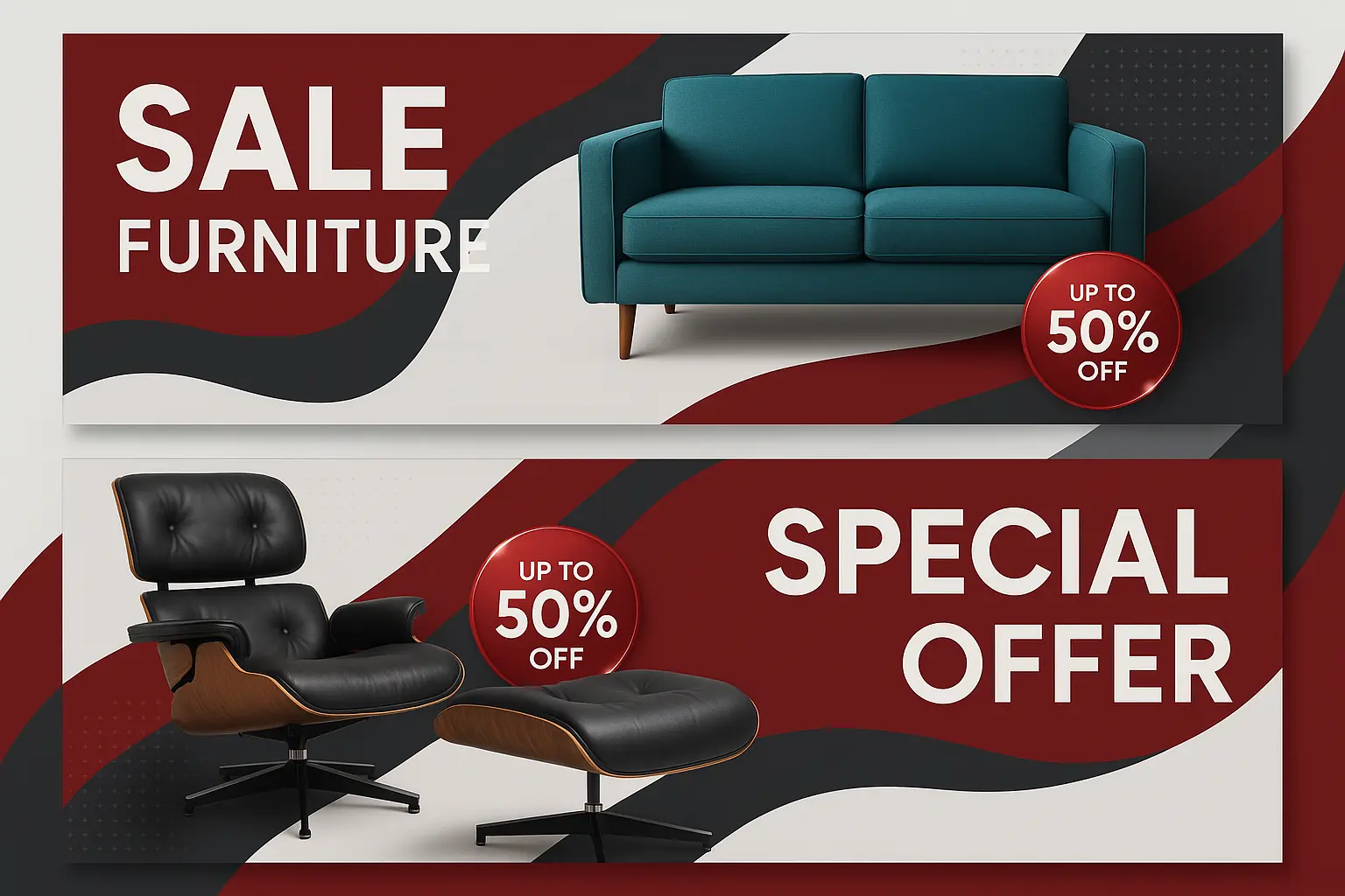 Modern furniture banner template with bold red curves