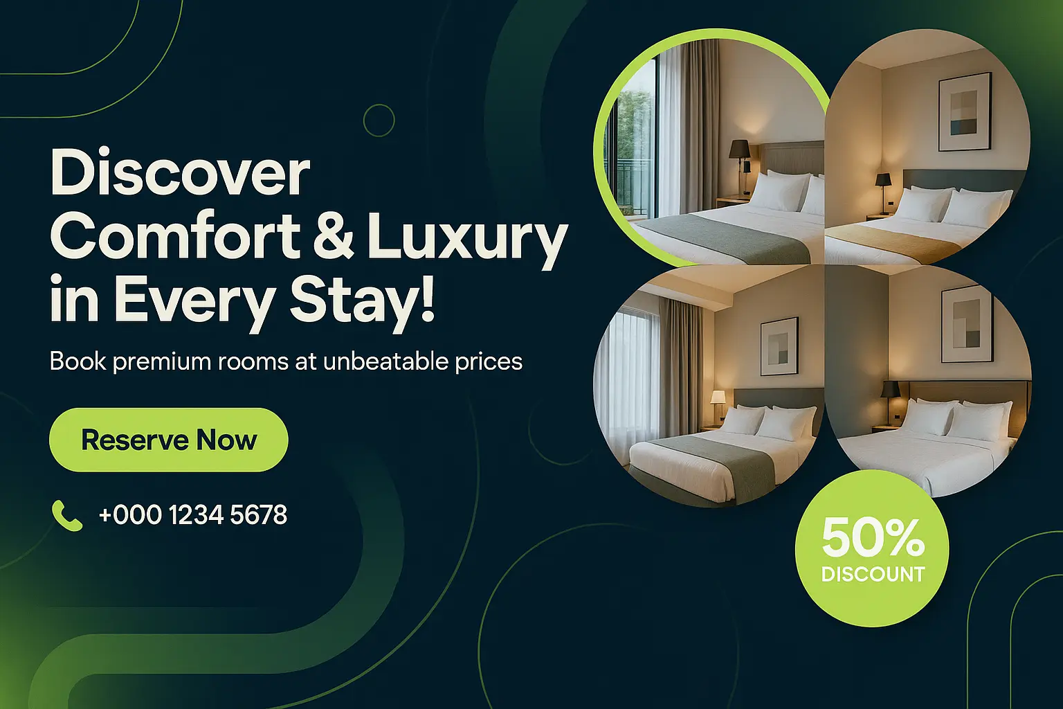 Hotel booking banner template with circular room previews