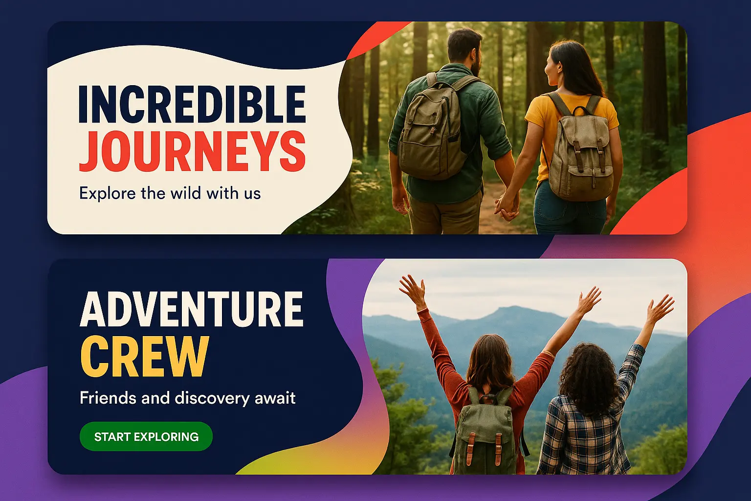 Travel-themed banner template with scenic outdoor visuals and bold text