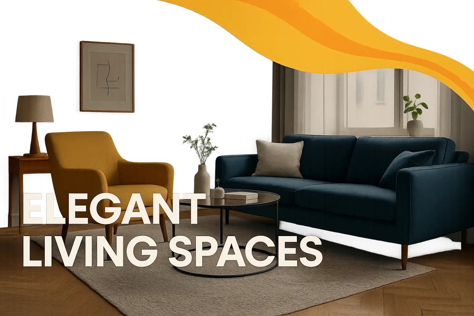 Modern furniture banner template featuring stylish living room with bold typography