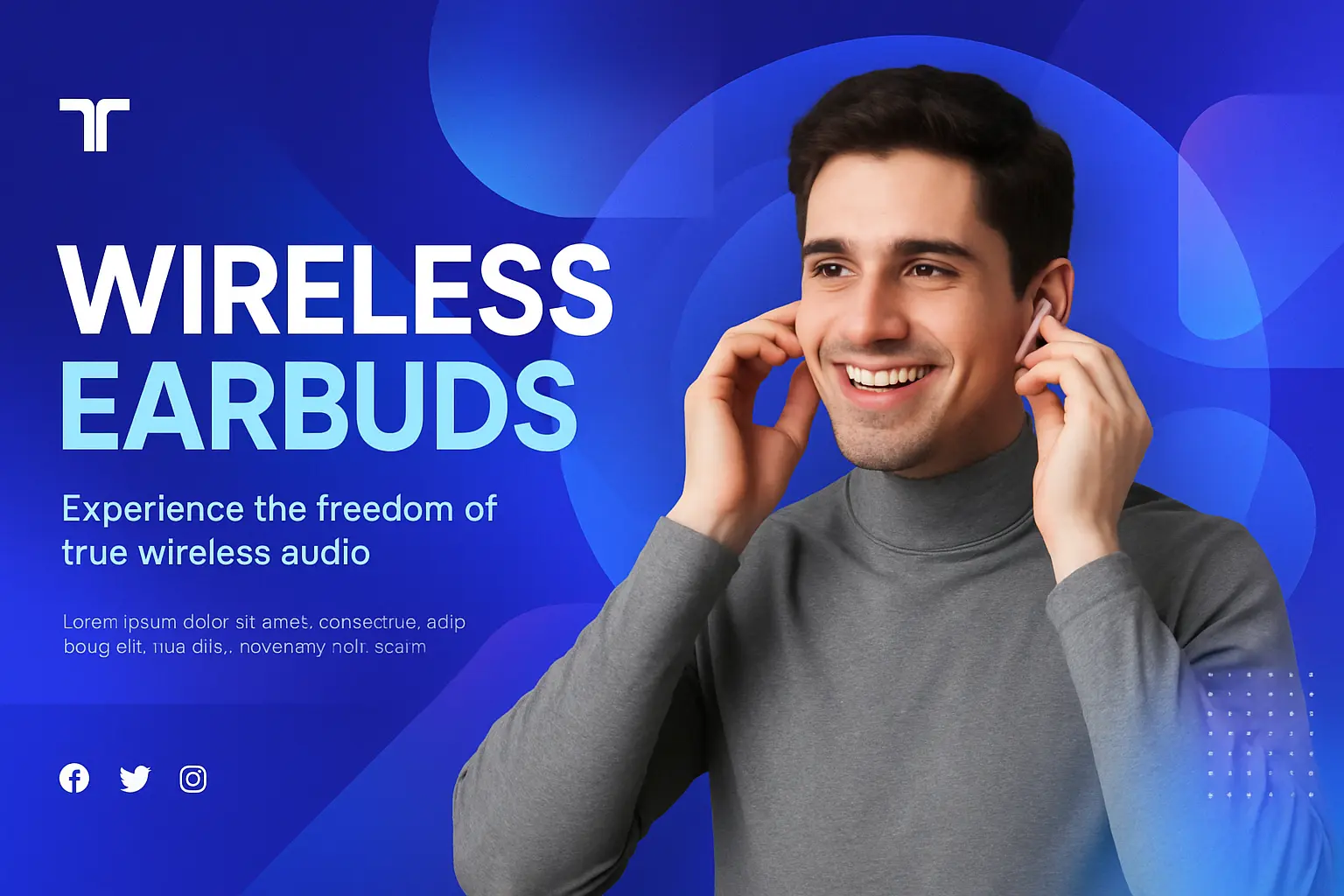 Tech banner template with man using wireless earbuds