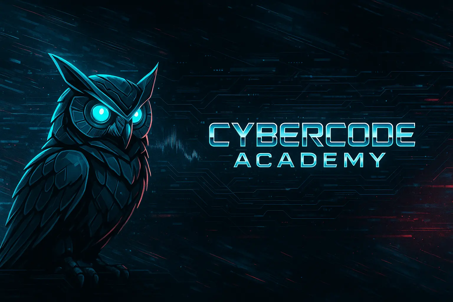 Futuristic youtube banner template with robotic owl and glitch effects