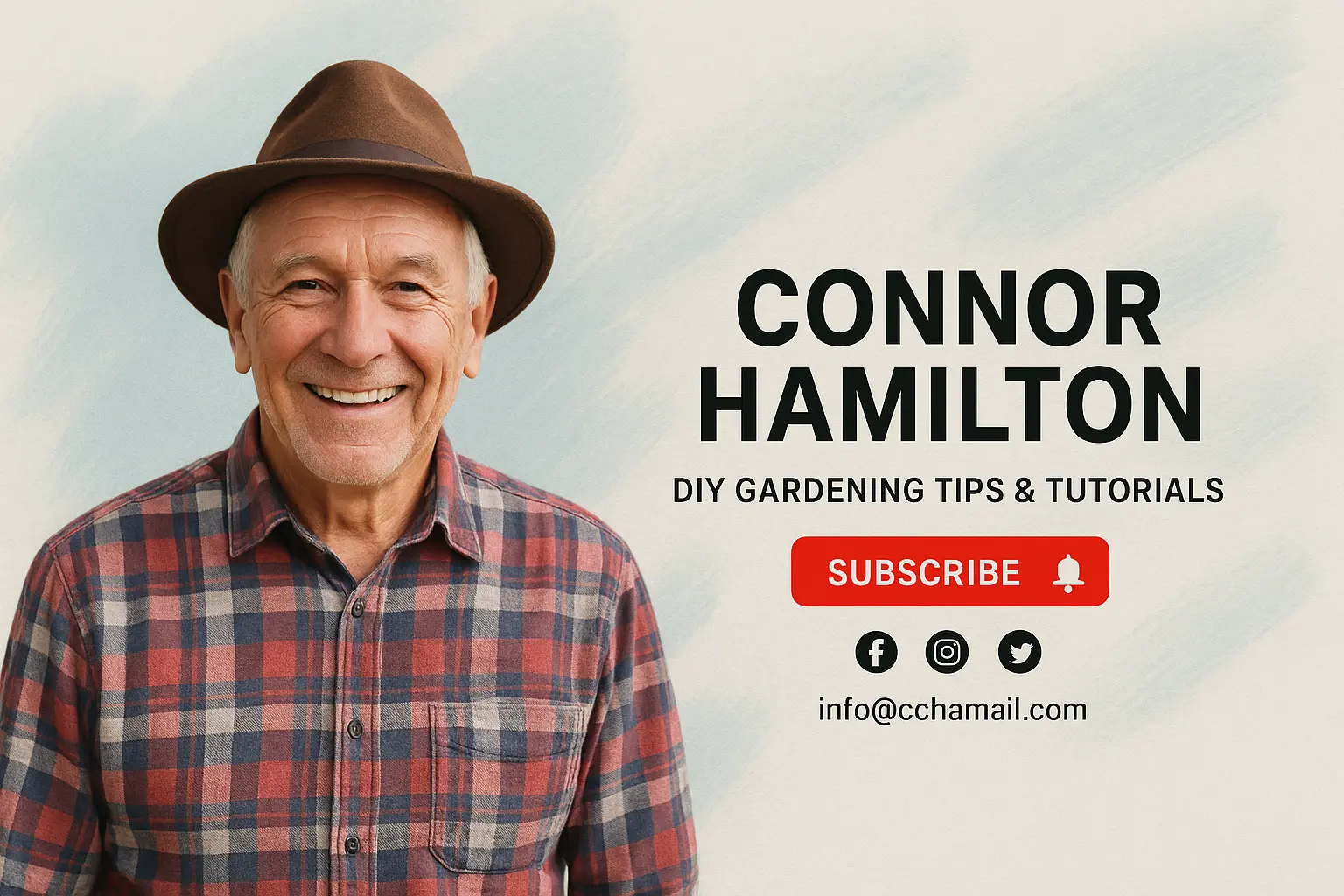 youtube banner template with smiling older man and gardening theme