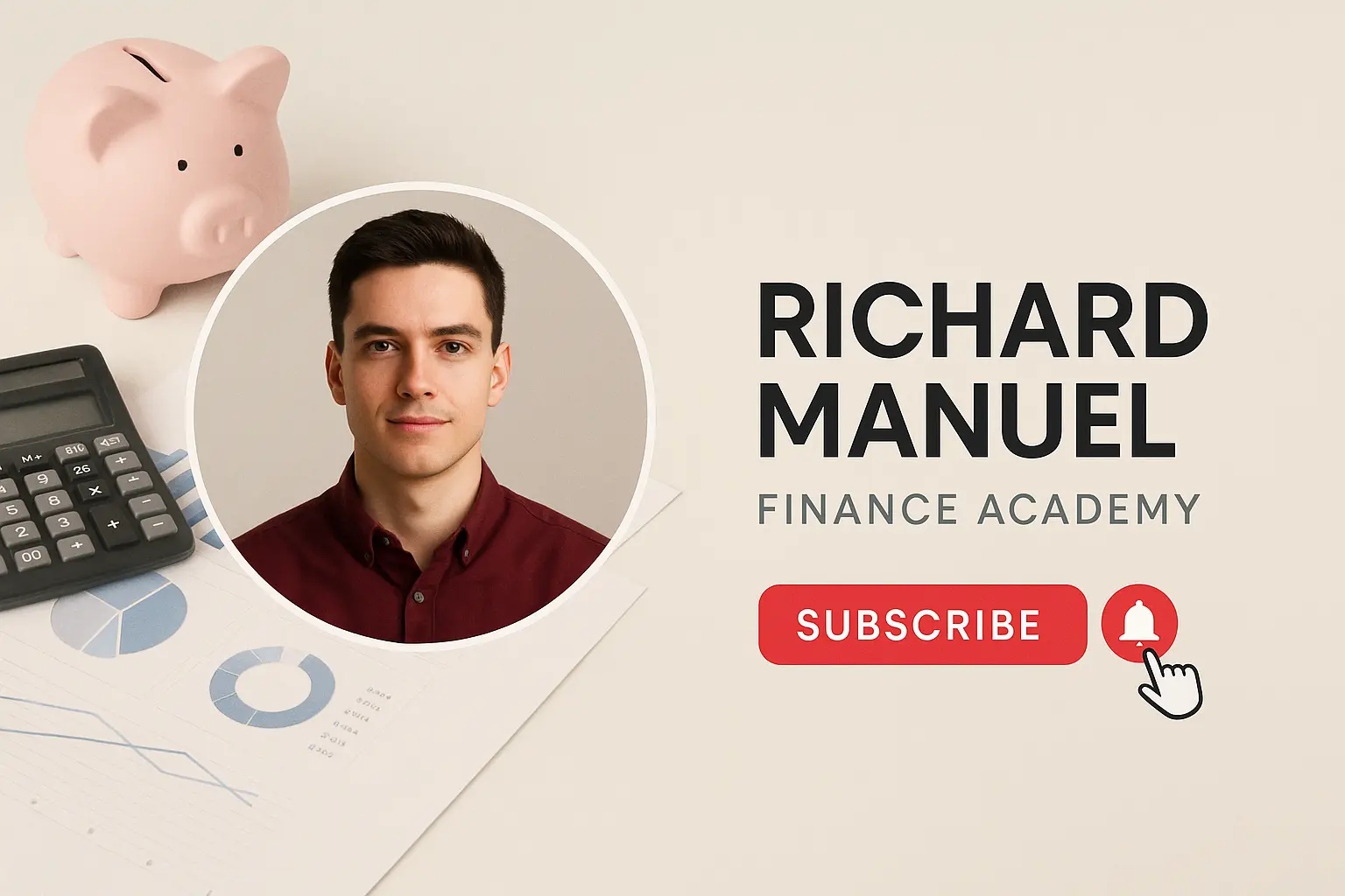 Youtube banner template with professional finance theme, featuring young man and subscribe button