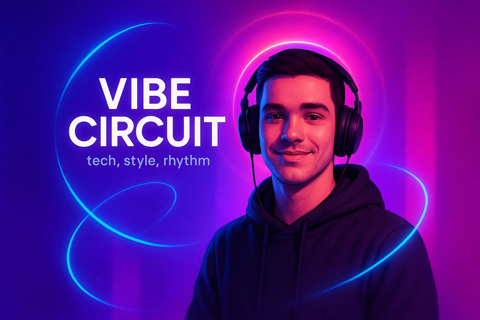 Futuristic youtube banner template with digital portrait and neon glow