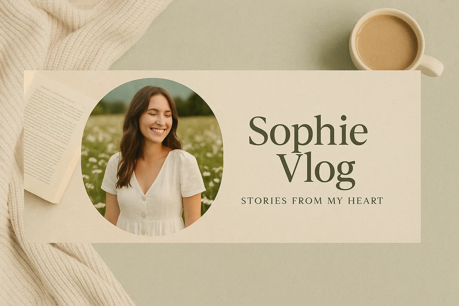 Cozy youtube banner template with lifestyle imagery and soft greens.