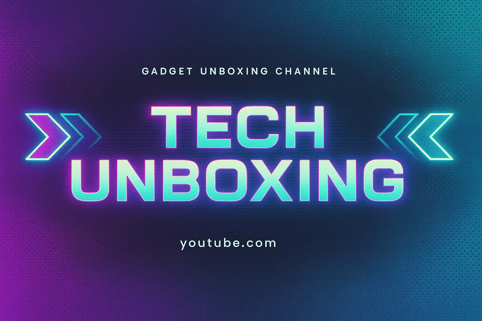 Tech unboxing youtube banner template with bold arrows and halftone gradients
