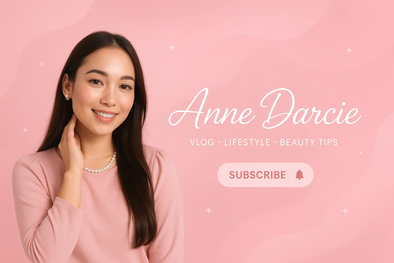 pink youtube banner template with a young woman and subscribe button