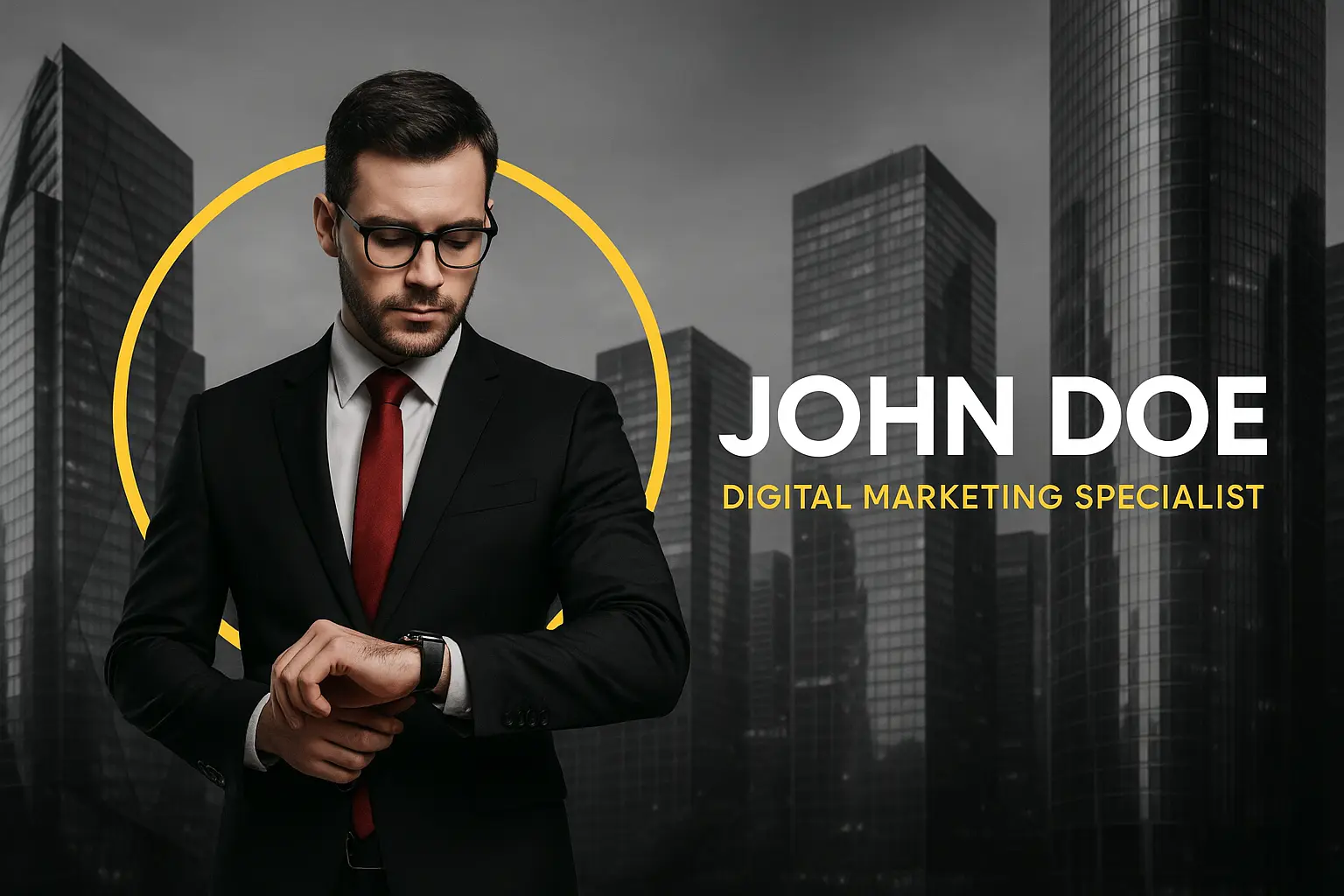 youtube banner template with digital marketing expert and cityscape