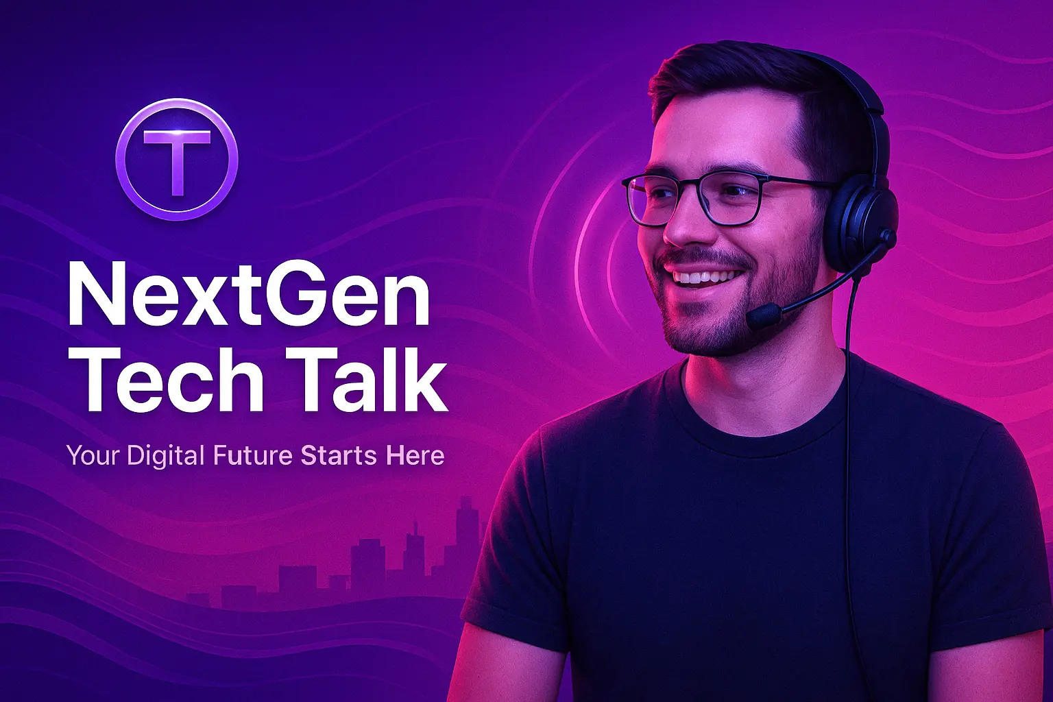 futuristic youtube banner template with tech reviewer and neon glow