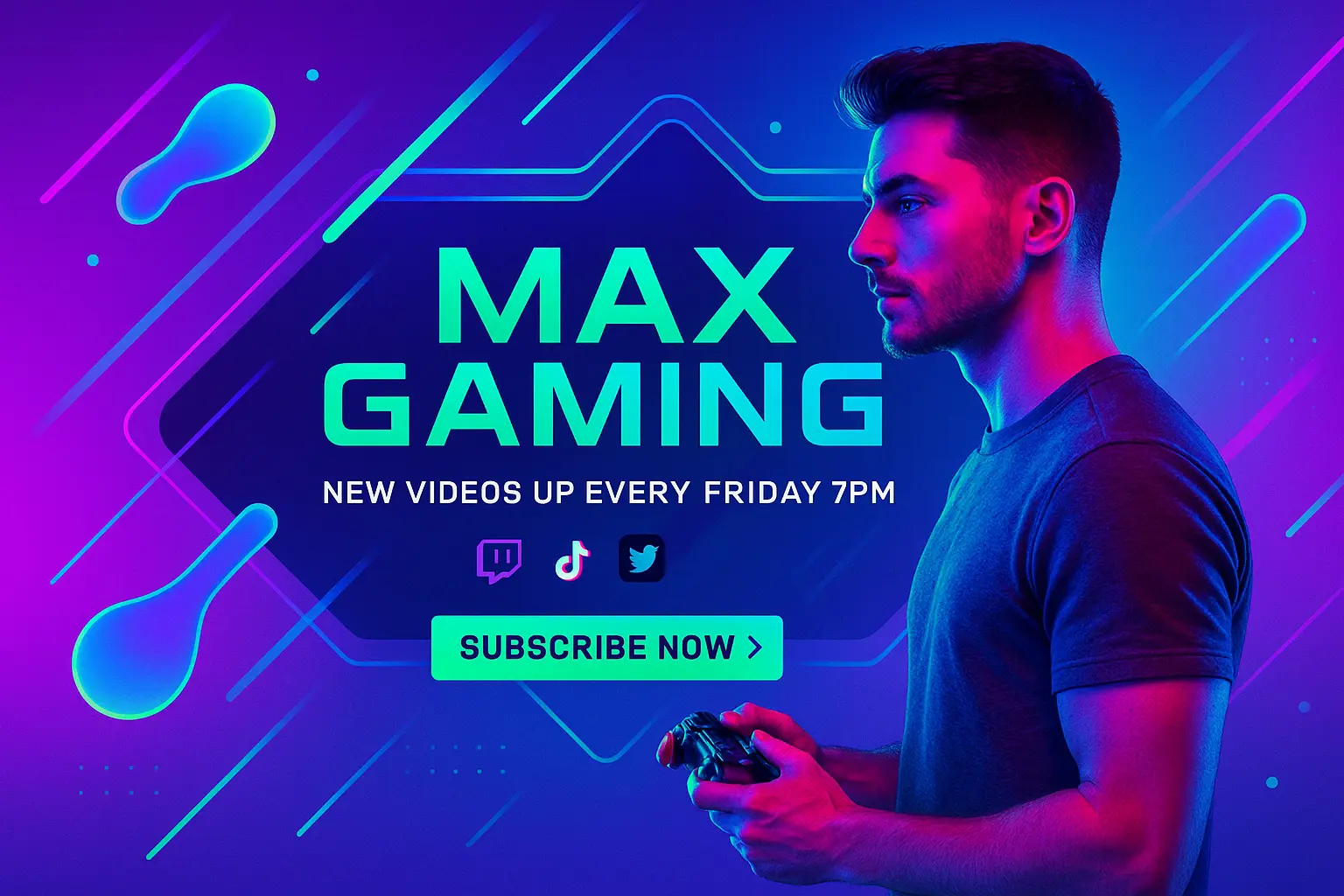 Youtube banner template featuring a gamer with neon gradient background